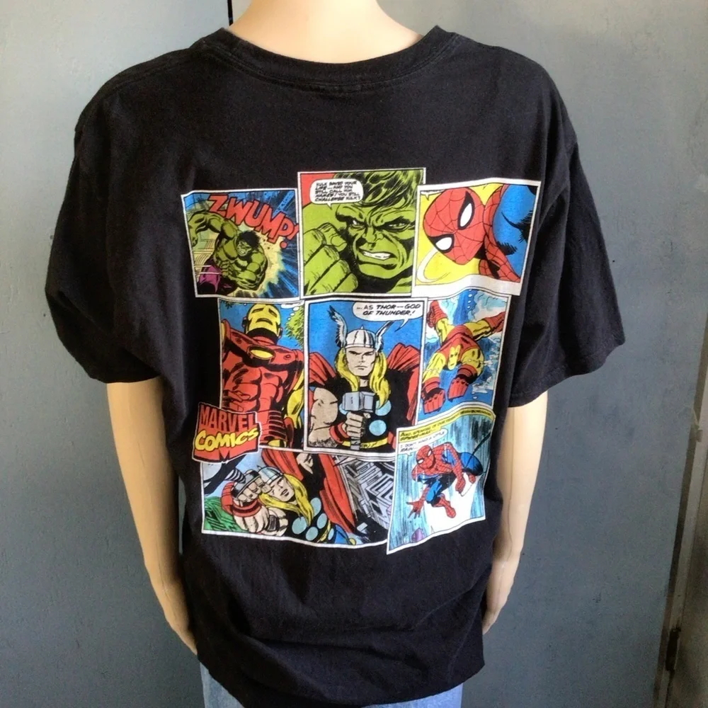 Marvel Black Short Sleeve Super Hero Spider Man Hulk Thor T-Shirt Comic Size XL